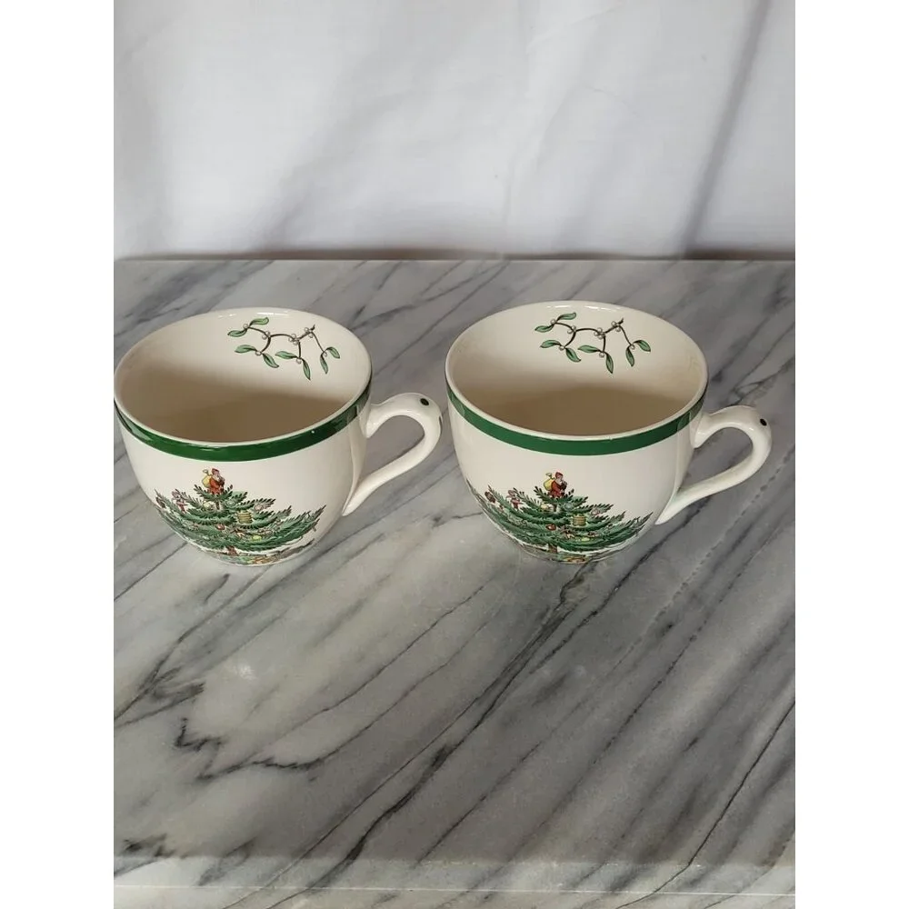 SPODE Christmas‎ Tree Santa Coffee Tea Cups 6oz Set of 2 England VTG